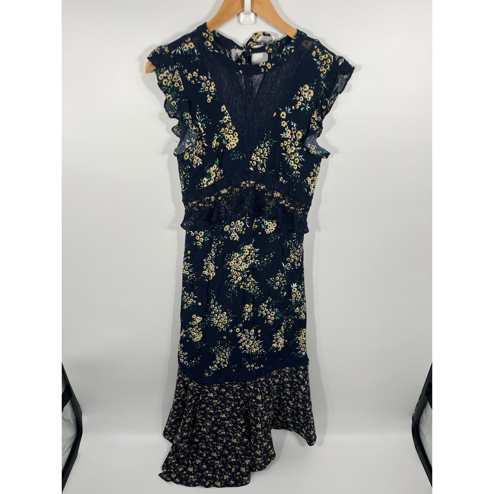 Womens Maxi Dress S Navy Blue Floral Mesh Lace Asymmetrical Slit Wedding Guest